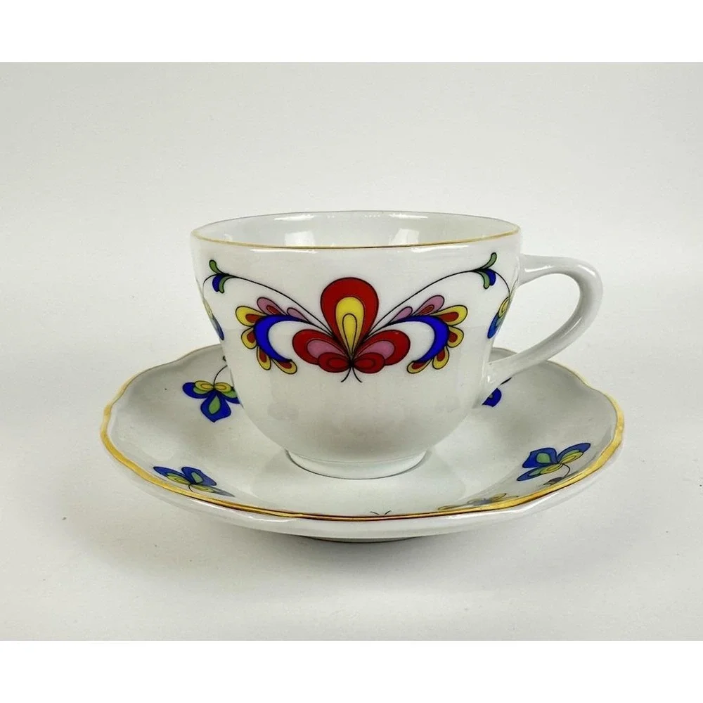 Porsgrund Farmer's Rose Demitasse Cup & Saucer Norway Porcelain Gold Trim